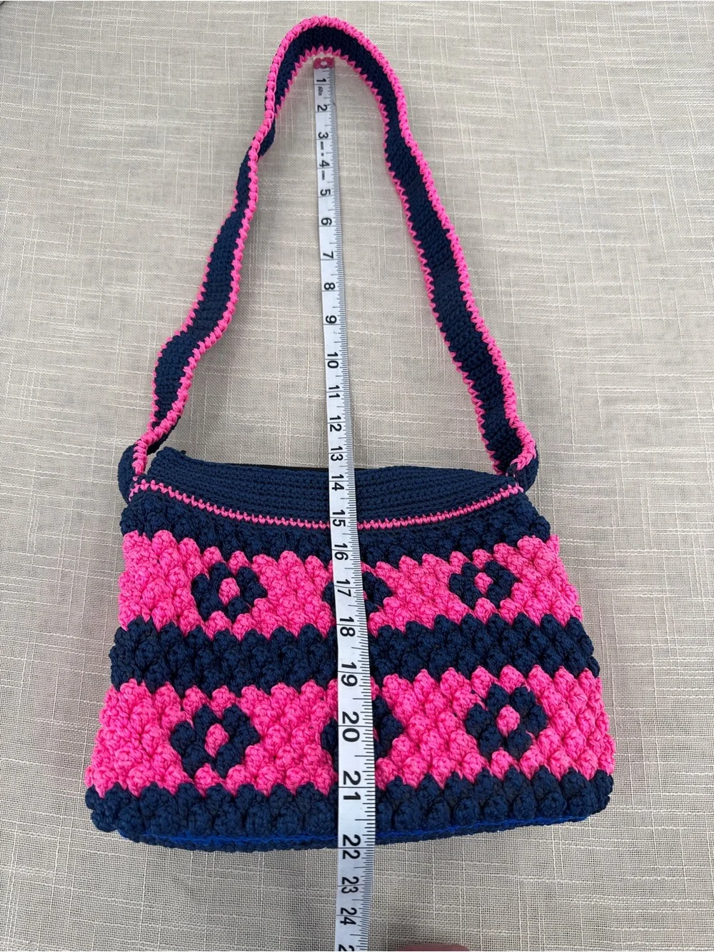 Vintage Knitility Crochet Shoulder Bag Hot Pink Navy Structured Purse